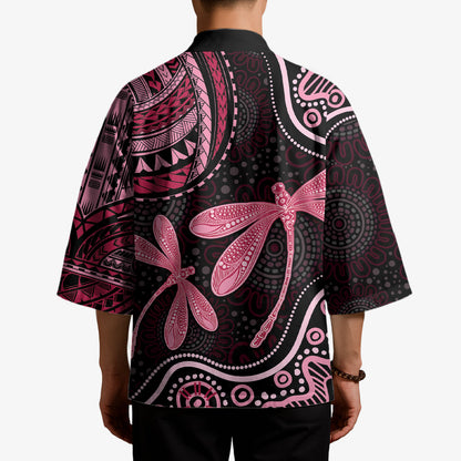 Australia Indigenous Mix Polynesian Kimono Pink Ribbon and Dragonflies