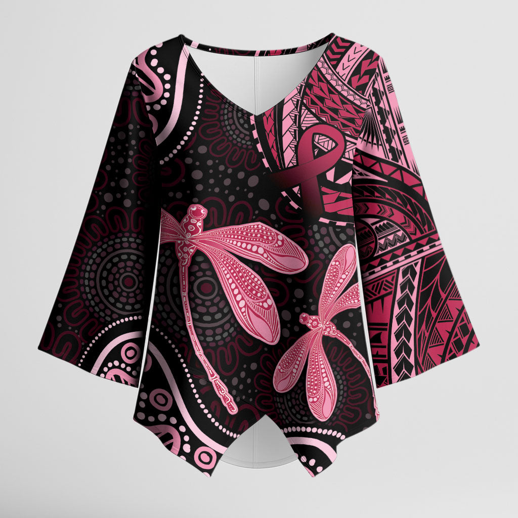 Australia Indigenous Mix Polynesian Kimono Sleeve Blouse Pink Ribbon and Dragonflies