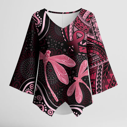 Australia Indigenous Mix Polynesian Kimono Sleeve Blouse Pink Ribbon and Dragonflies