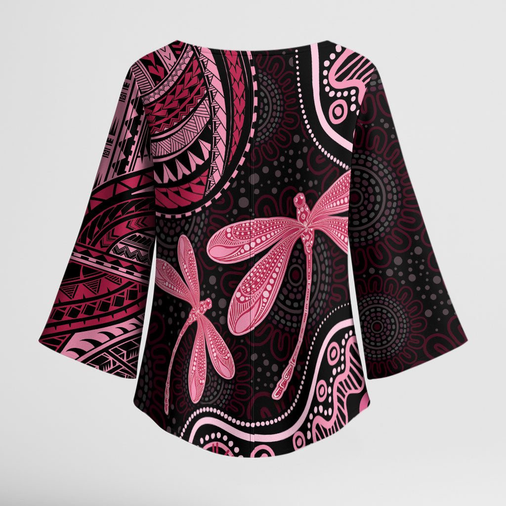 Australia Indigenous Mix Polynesian Kimono Sleeve Blouse Pink Ribbon and Dragonflies