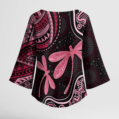 Australia Indigenous Mix Polynesian Kimono Sleeve Blouse Pink Ribbon and Dragonflies