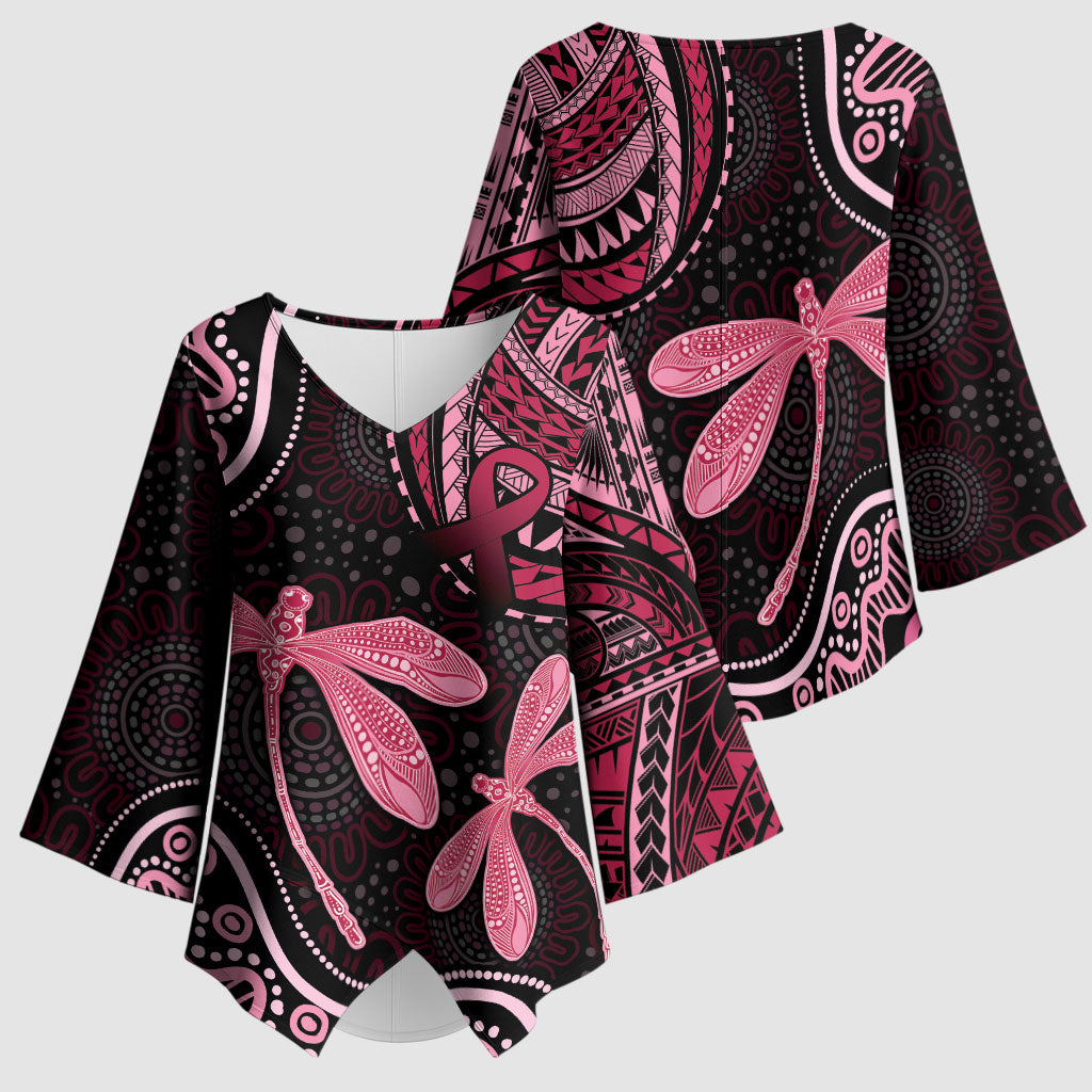 Australia Indigenous Mix Polynesian Kimono Sleeve Blouse Pink Ribbon and Dragonflies