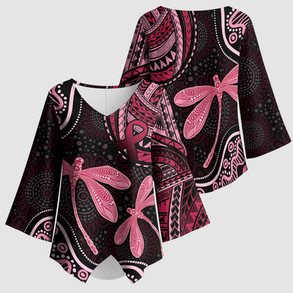 Australia Indigenous Mix Polynesian Kimono Sleeve Blouse Pink Ribbon and Dragonflies