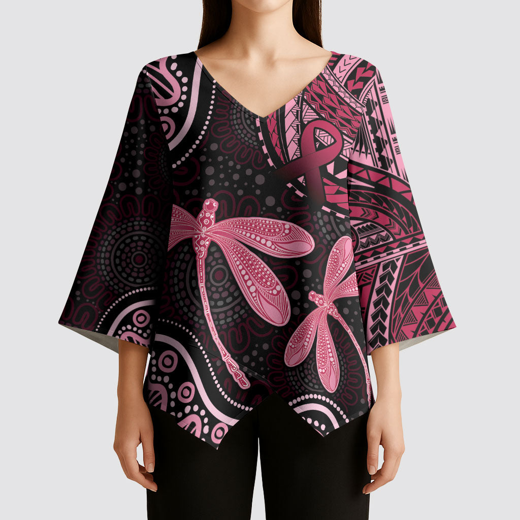 Australia Indigenous Mix Polynesian Kimono Sleeve Blouse Pink Ribbon and Dragonflies