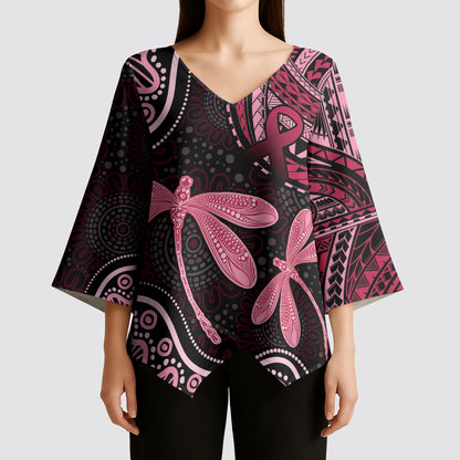 Australia Indigenous Mix Polynesian Kimono Sleeve Blouse Pink Ribbon and Dragonflies