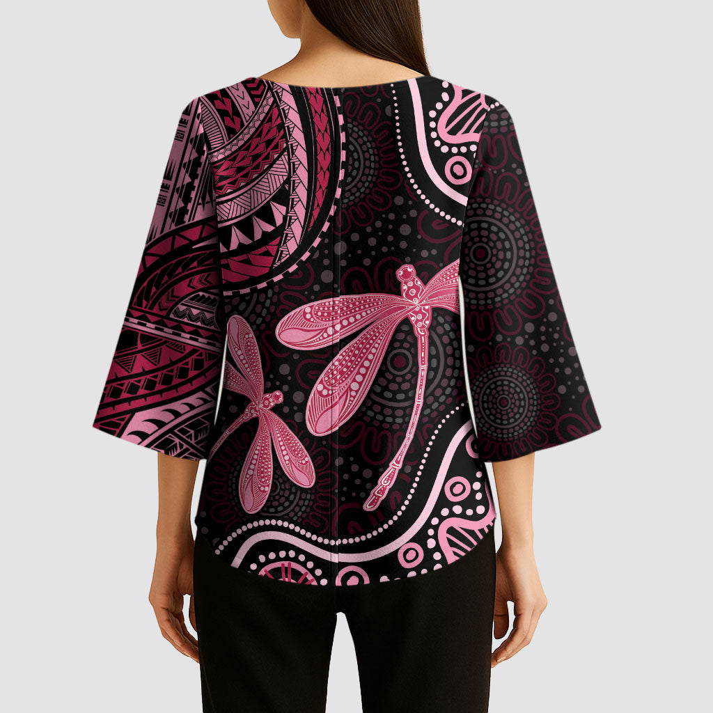 Australia Indigenous Mix Polynesian Kimono Sleeve Blouse Pink Ribbon and Dragonflies