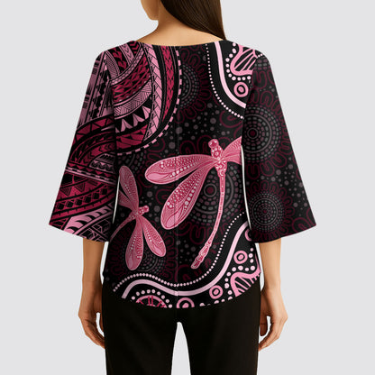 Australia Indigenous Mix Polynesian Kimono Sleeve Blouse Pink Ribbon and Dragonflies