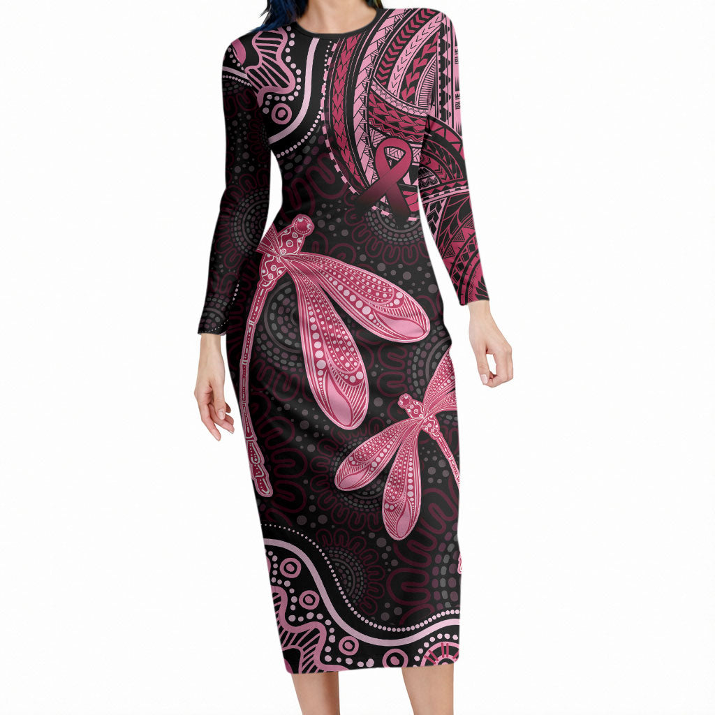 Australia Indigenous Mix Polynesian Long Sleeve Bodycon Dress Pink Ribbon and Dragonflies