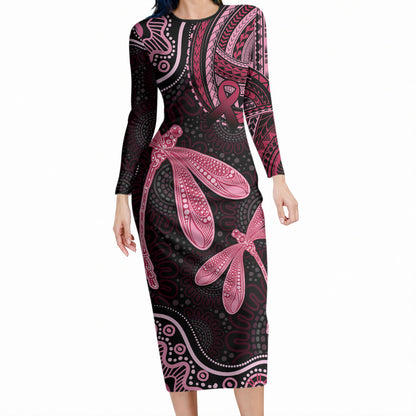 Australia Indigenous Mix Polynesian Long Sleeve Bodycon Dress Pink Ribbon and Dragonflies