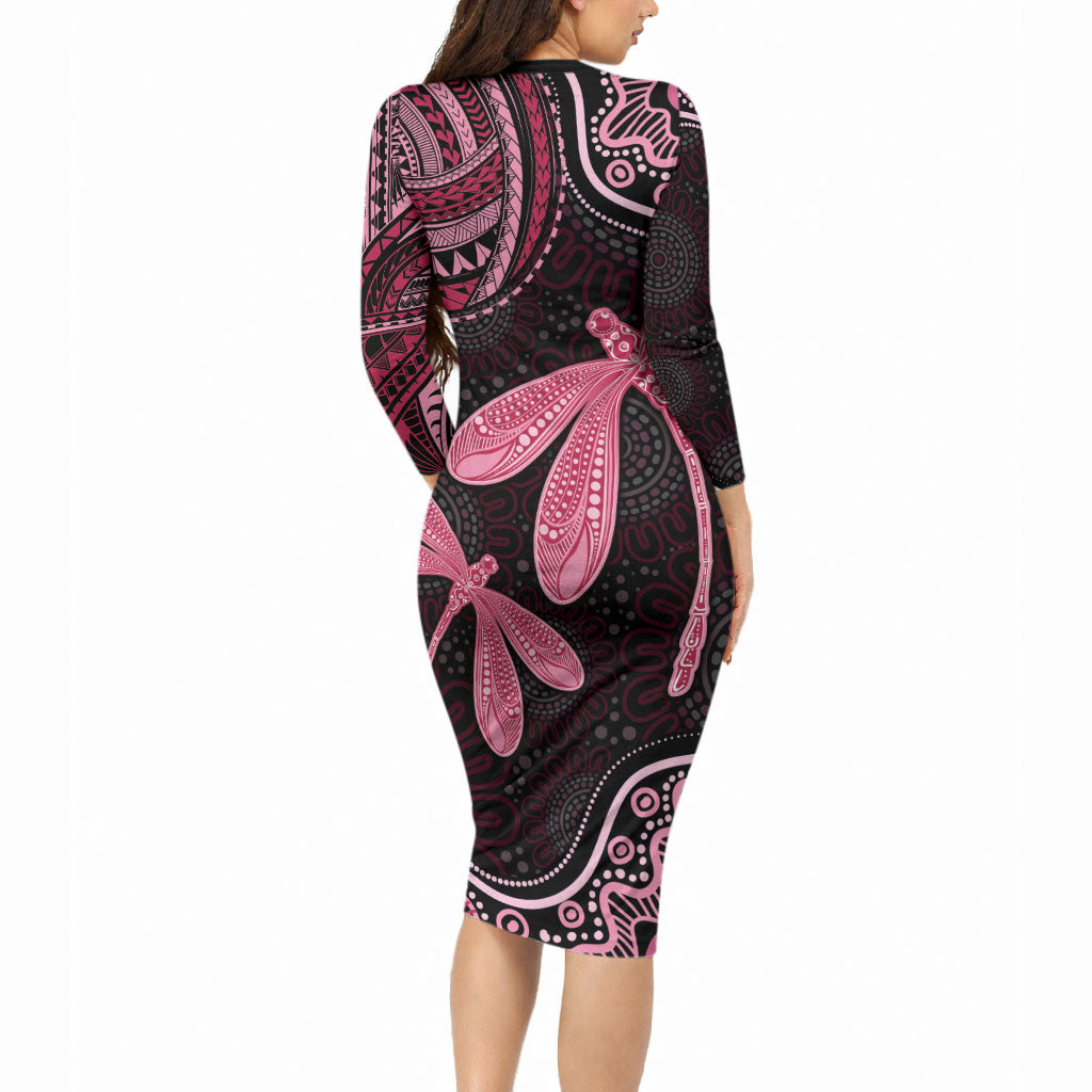 Australia Indigenous Mix Polynesian Long Sleeve Bodycon Dress Pink Ribbon and Dragonflies
