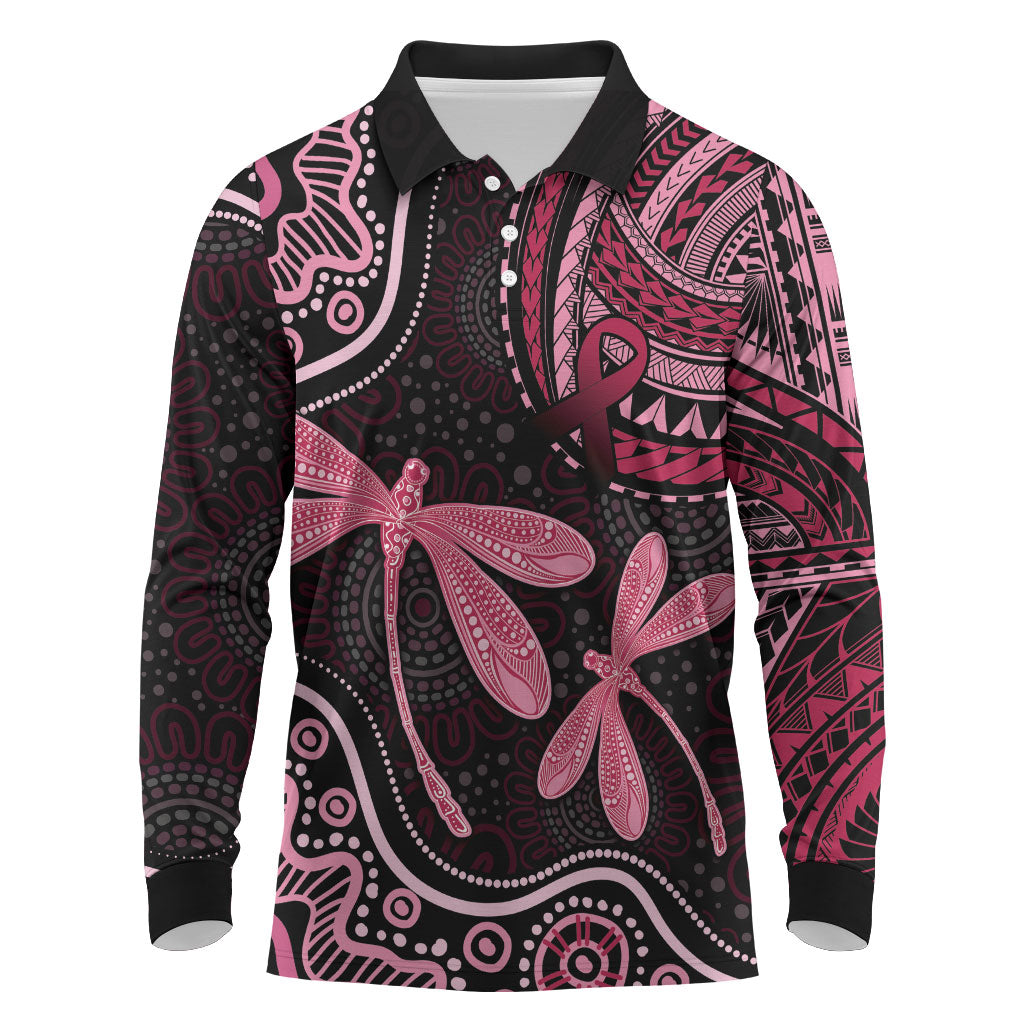 Australia Indigenous Mix Polynesian Long Sleeve Polo Shirt Pink Ribbon and Dragonflies