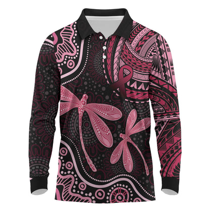 Australia Indigenous Mix Polynesian Long Sleeve Polo Shirt Pink Ribbon and Dragonflies