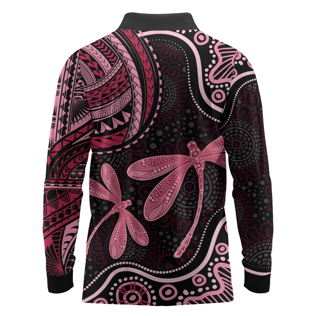 Australia Indigenous Mix Polynesian Long Sleeve Polo Shirt Pink Ribbon and Dragonflies