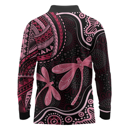 Australia Indigenous Mix Polynesian Long Sleeve Polo Shirt Pink Ribbon and Dragonflies