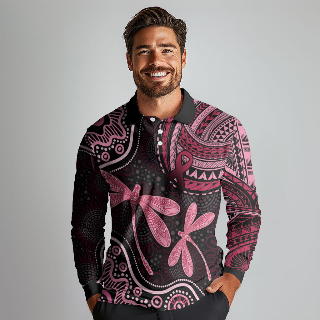 Australia Indigenous Mix Polynesian Long Sleeve Polo Shirt Pink Ribbon and Dragonflies