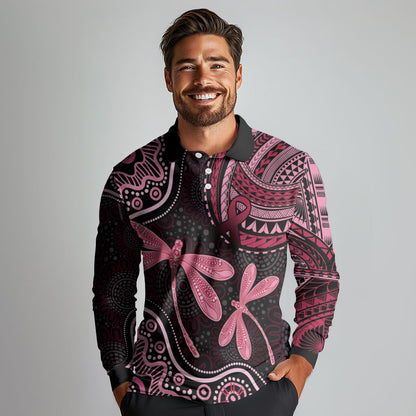 Australia Indigenous Mix Polynesian Long Sleeve Polo Shirt Pink Ribbon and Dragonflies