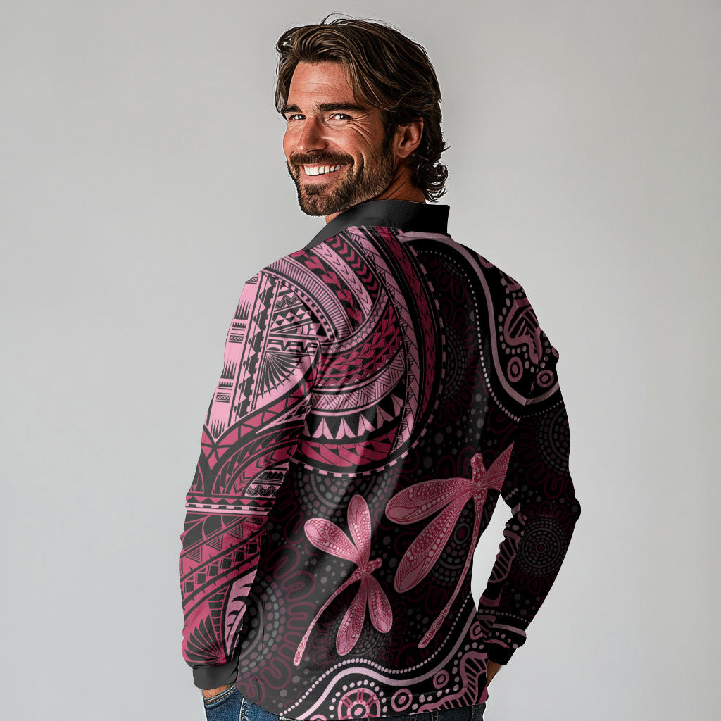 Australia Indigenous Mix Polynesian Long Sleeve Polo Shirt Pink Ribbon and Dragonflies