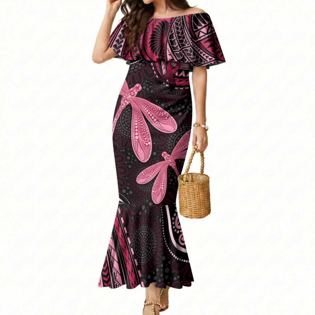 Australia Indigenous Mix Polynesian Mermaid Dress Pink Ribbon and Dragonflies