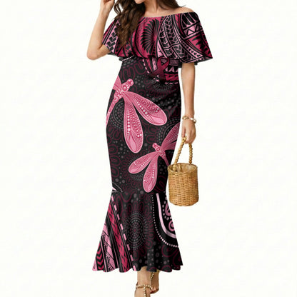 Australia Indigenous Mix Polynesian Mermaid Dress Pink Ribbon and Dragonflies