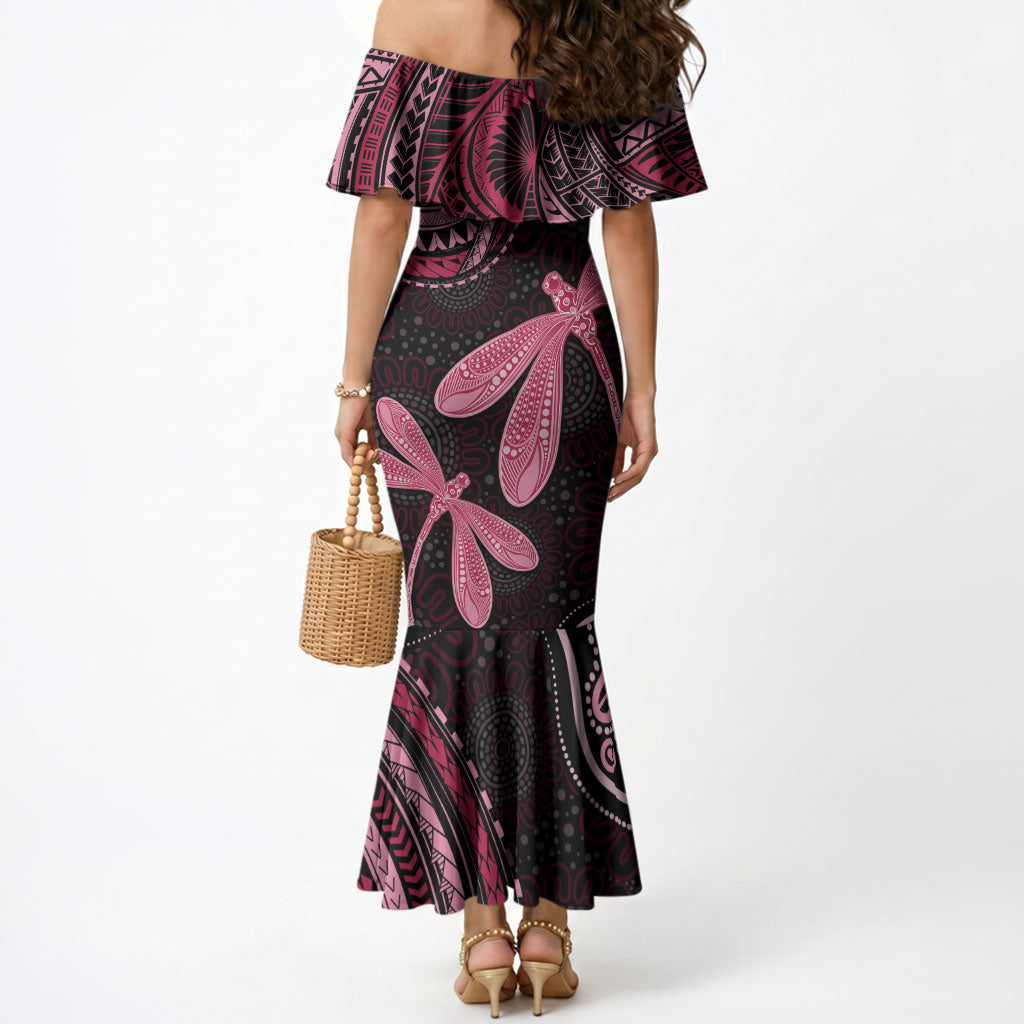 Australia Indigenous Mix Polynesian Mermaid Dress Pink Ribbon and Dragonflies