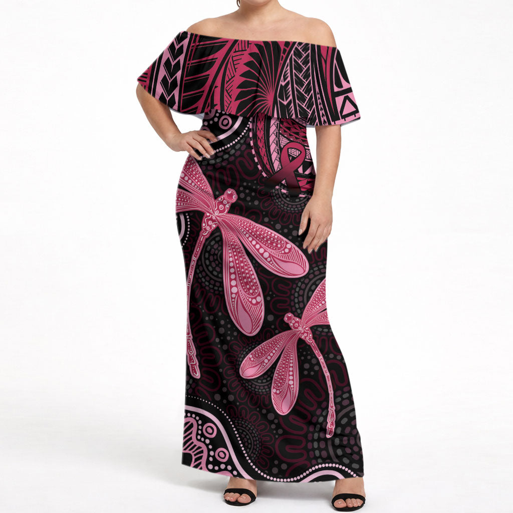 Australia Indigenous Mix Polynesian Off Shoulder Maxi Dress Pink Ribbon and Dragonflies