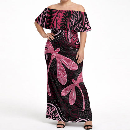 Australia Indigenous Mix Polynesian Off Shoulder Maxi Dress Pink Ribbon and Dragonflies