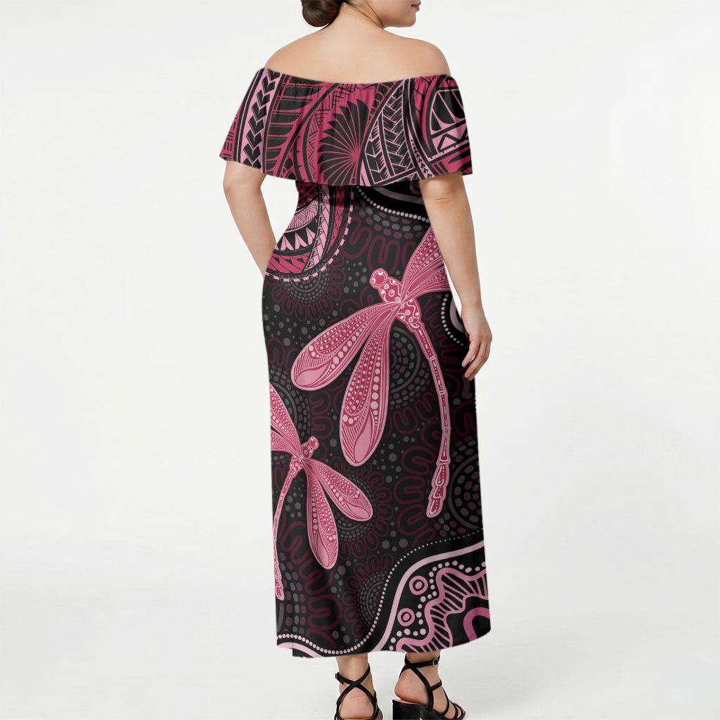 Australia Indigenous Mix Polynesian Off Shoulder Maxi Dress Pink Ribbon and Dragonflies