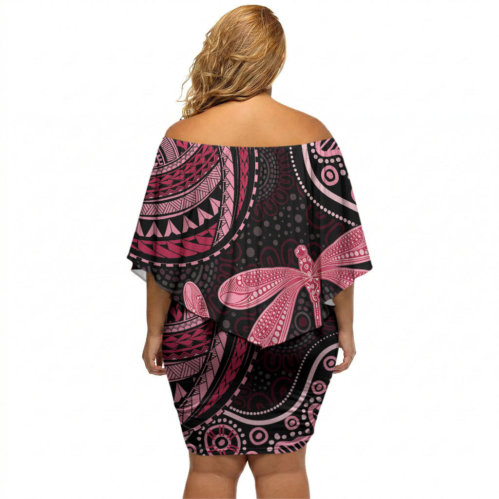 Australia Indigenous Mix Polynesian Off Shoulder Short Dress Pink Ribbon and Dragonflies