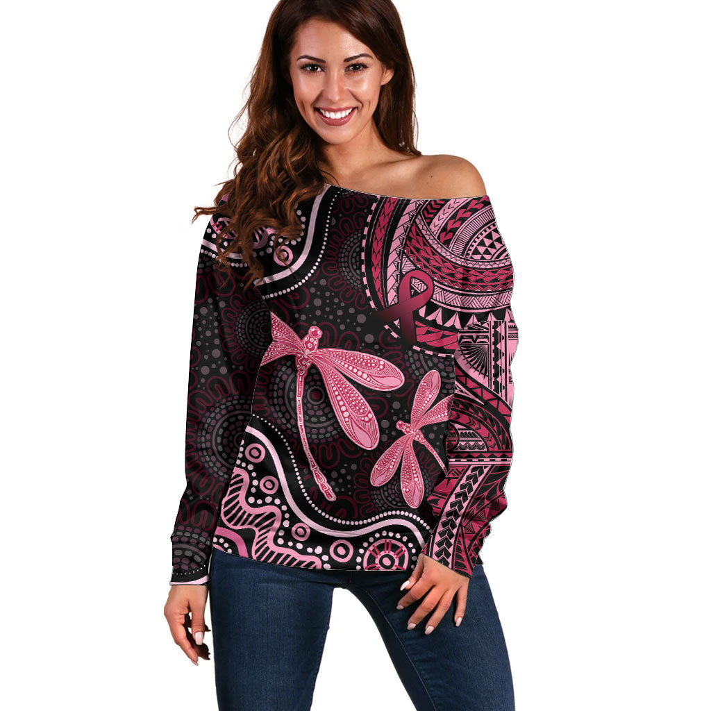Australia Indigenous Mix Polynesian Off Shoulder Sweater Pink Ribbon and Dragonflies