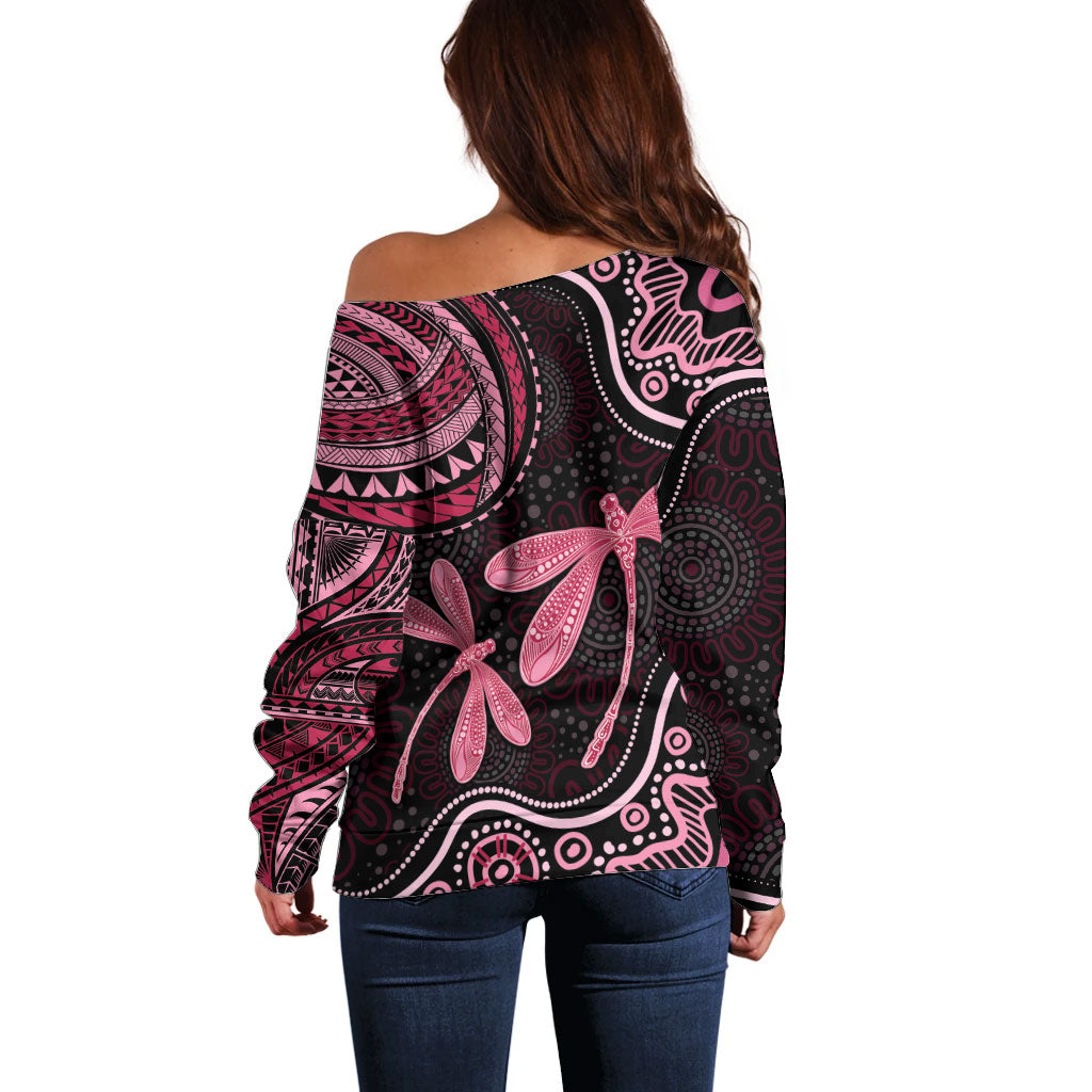 Australia Indigenous Mix Polynesian Off Shoulder Sweater Pink Ribbon and Dragonflies