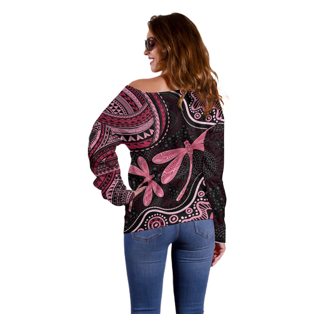 Australia Indigenous Mix Polynesian Off Shoulder Sweater Pink Ribbon and Dragonflies