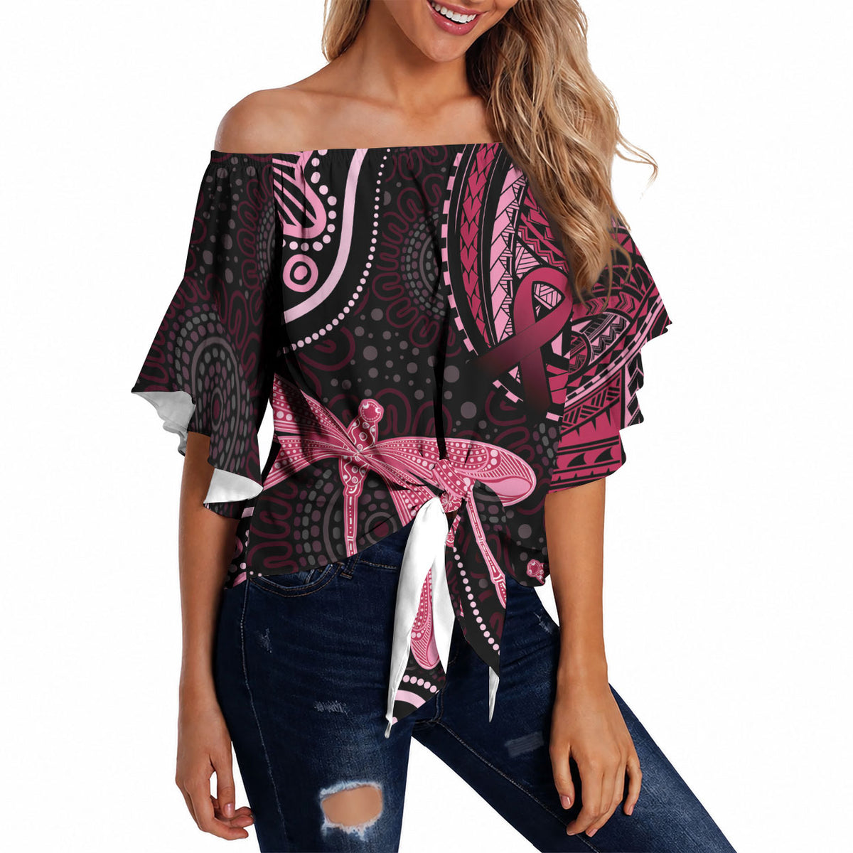 Australia Indigenous Mix Polynesian Off Shoulder Wrap Waist Top Pink Ribbon and Dragonflies