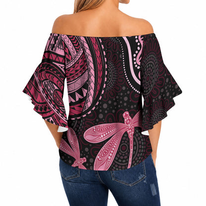 Australia Indigenous Mix Polynesian Off Shoulder Wrap Waist Top Pink Ribbon and Dragonflies