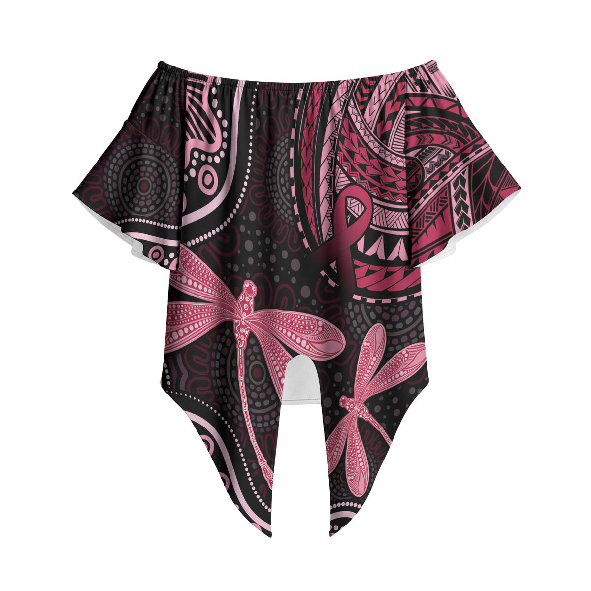 Australia Indigenous Mix Polynesian Off Shoulder Wrap Waist Top Pink Ribbon and Dragonflies
