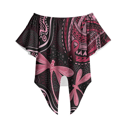 Australia Indigenous Mix Polynesian Off Shoulder Wrap Waist Top Pink Ribbon and Dragonflies