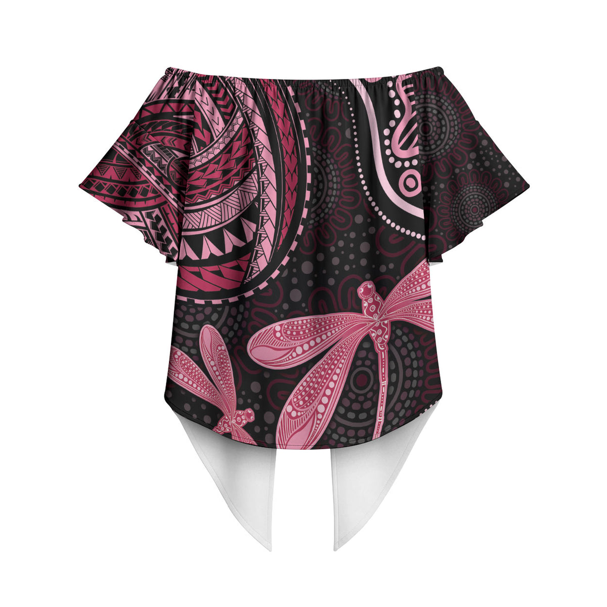 Australia Indigenous Mix Polynesian Off Shoulder Wrap Waist Top Pink Ribbon and Dragonflies