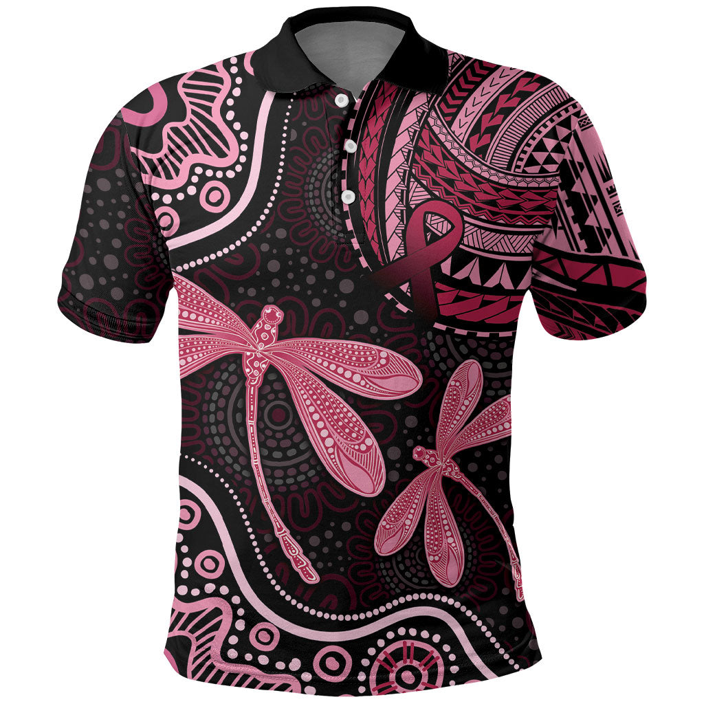 Australia Indigenous Mix Polynesian Polo Shirt Pink Ribbon and Dragonflies