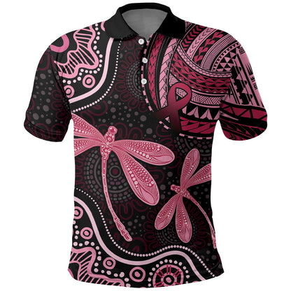 Australia Indigenous Mix Polynesian Polo Shirt Pink Ribbon and Dragonflies