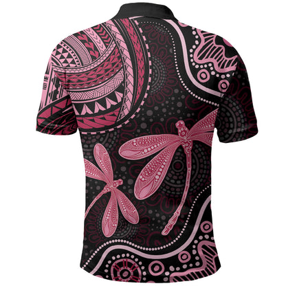 Australia Indigenous Mix Polynesian Polo Shirt Pink Ribbon and Dragonflies