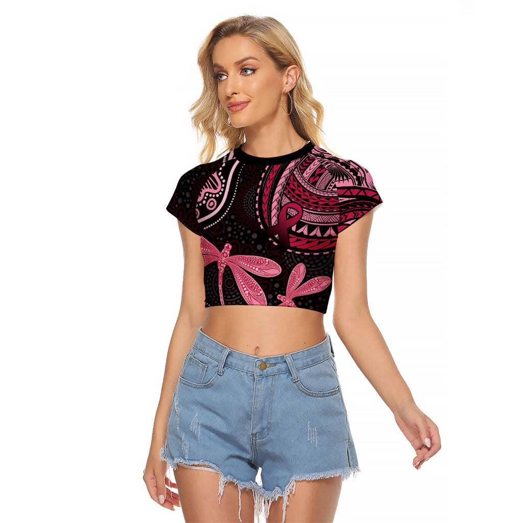 Australia Indigenous Mix Polynesian Raglan Cropped T Shirt Pink Ribbon and Dragonflies