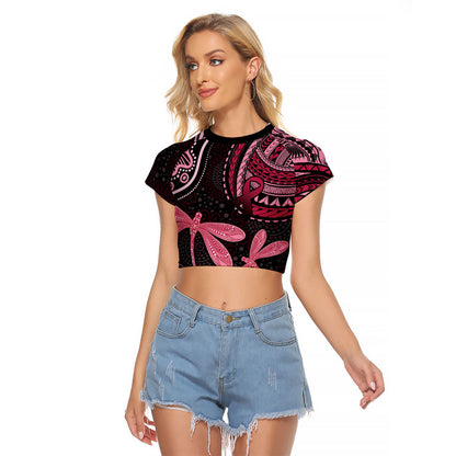 Australia Indigenous Mix Polynesian Raglan Cropped T Shirt Pink Ribbon and Dragonflies