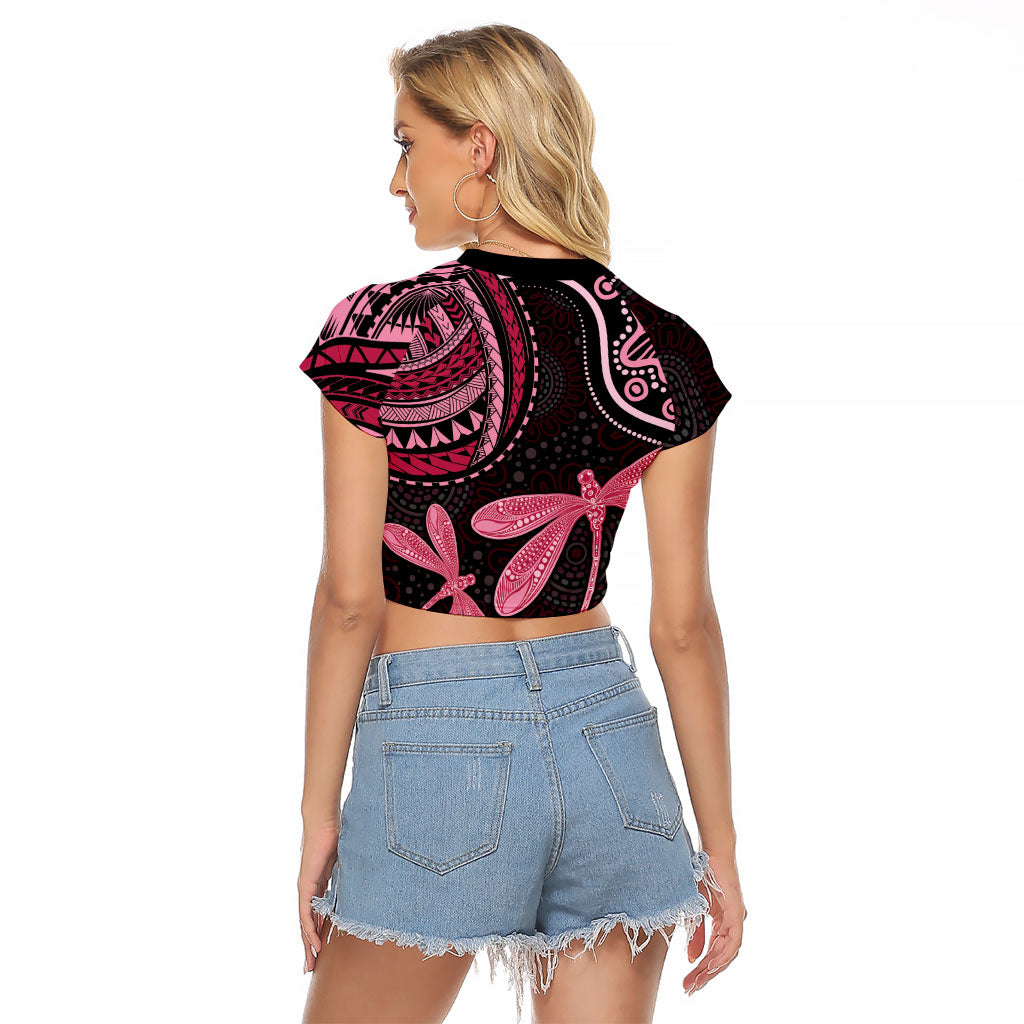 Australia Indigenous Mix Polynesian Raglan Cropped T Shirt Pink Ribbon and Dragonflies