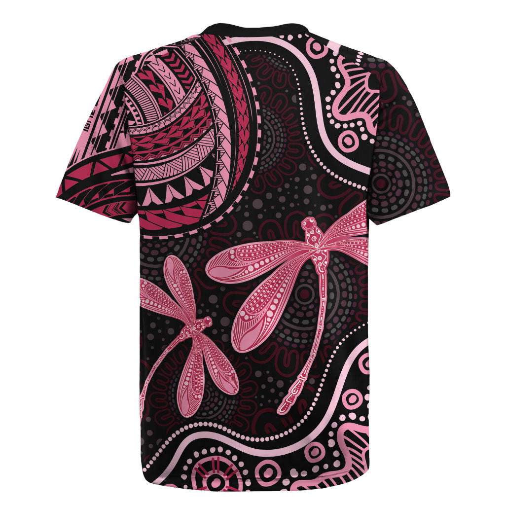 Australia Indigenous Mix Polynesian Rugby Jersey Pink Ribbon and Dragonflies