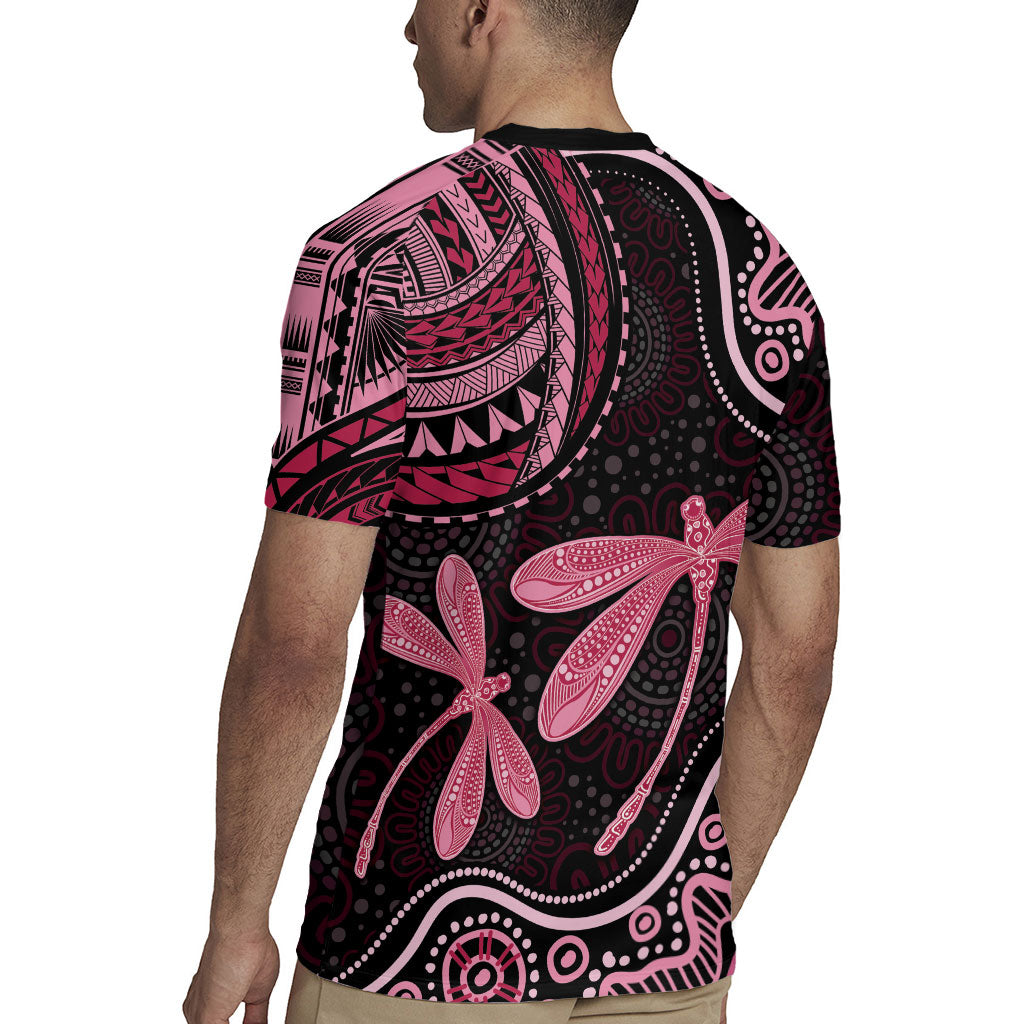 Australia Indigenous Mix Polynesian Rugby Jersey Pink Ribbon and Dragonflies