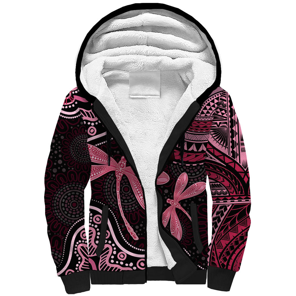 Australia Indigenous Mix Polynesian Sherpa Hoodie Pink Ribbon and Dragonflies