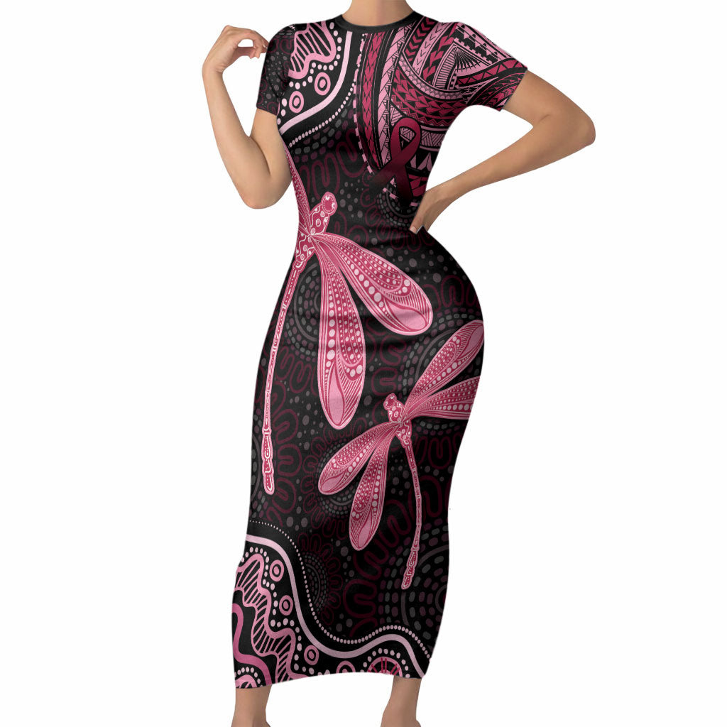 Australia Indigenous Mix Polynesian Short Sleeve Bodycon Dress Pink Ribbon and Dragonflies