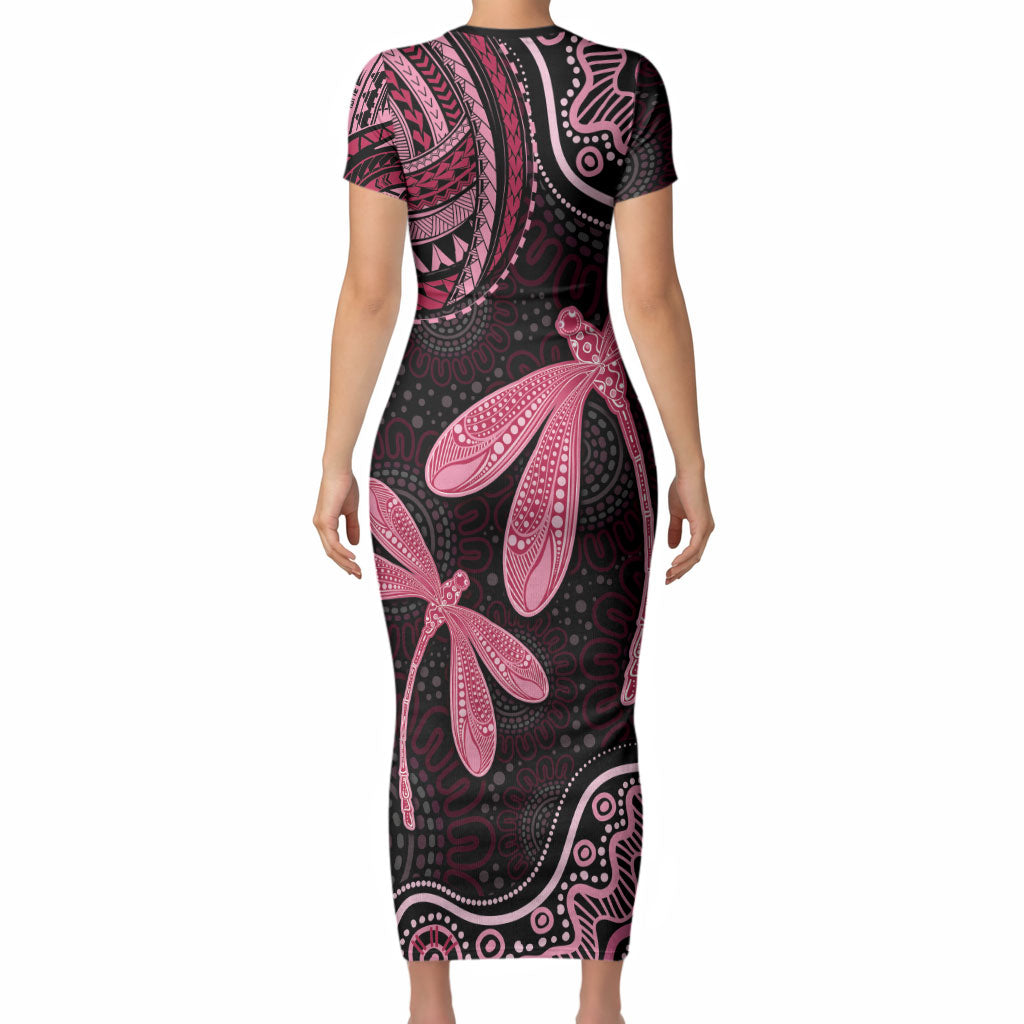 Australia Indigenous Mix Polynesian Short Sleeve Bodycon Dress Pink Ribbon and Dragonflies