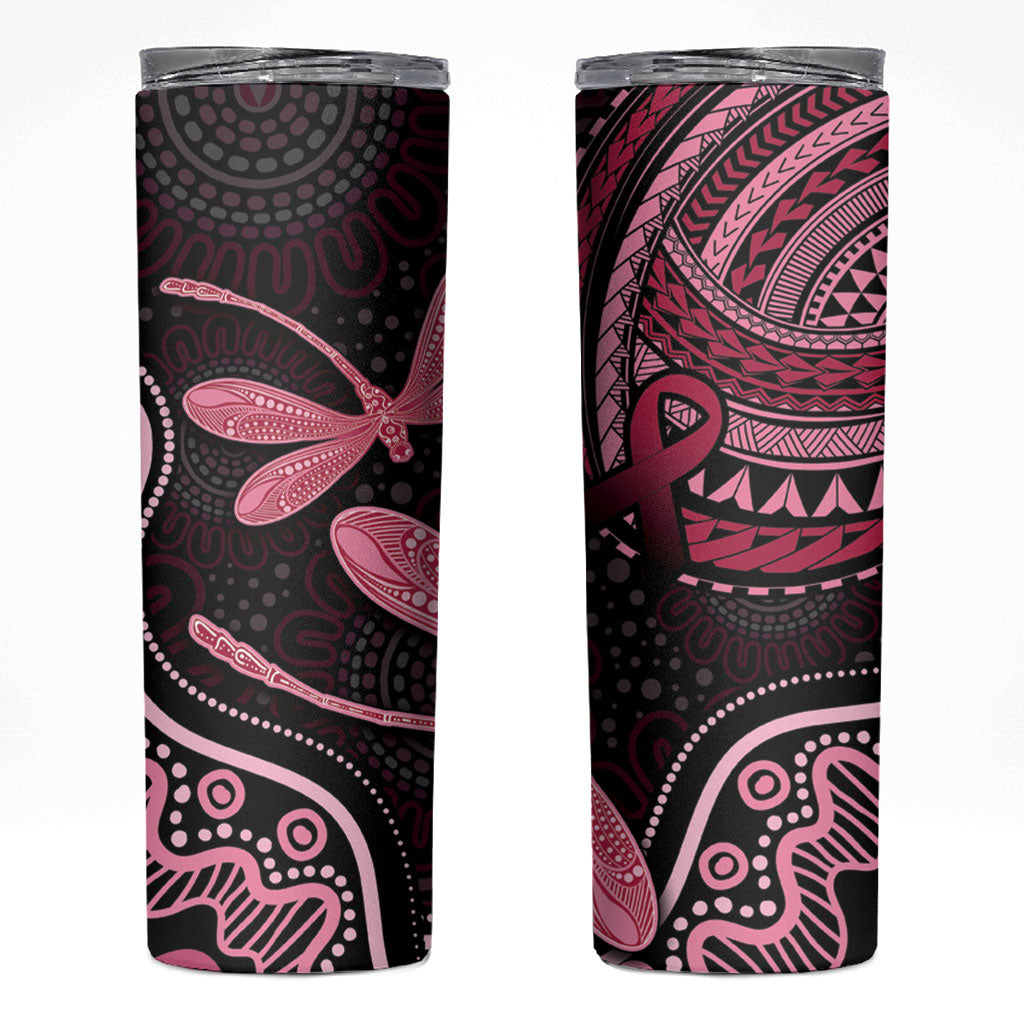 Australia Indigenous Mix Polynesian Skinny Tumbler Pink Ribbon and Dragonflies