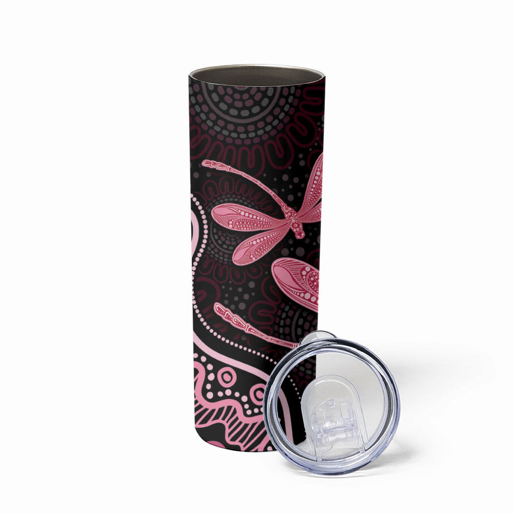 Australia Indigenous Mix Polynesian Skinny Tumbler Pink Ribbon and Dragonflies