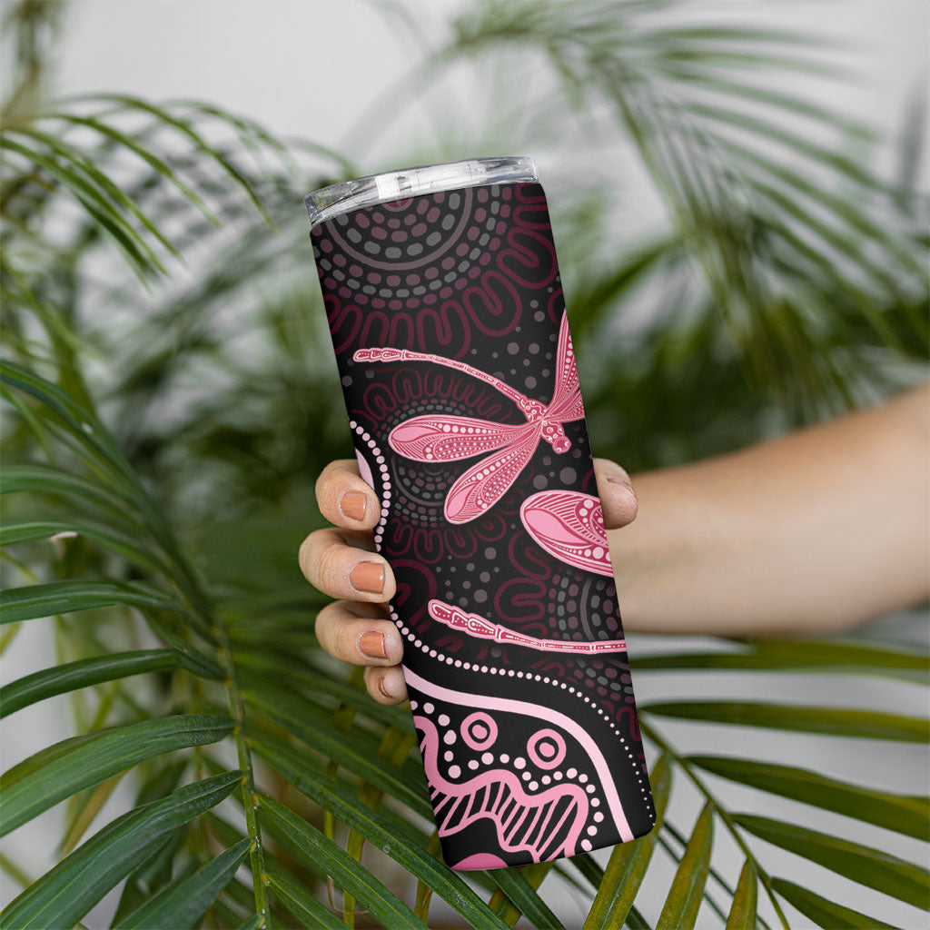 Australia Indigenous Mix Polynesian Skinny Tumbler Pink Ribbon and Dragonflies